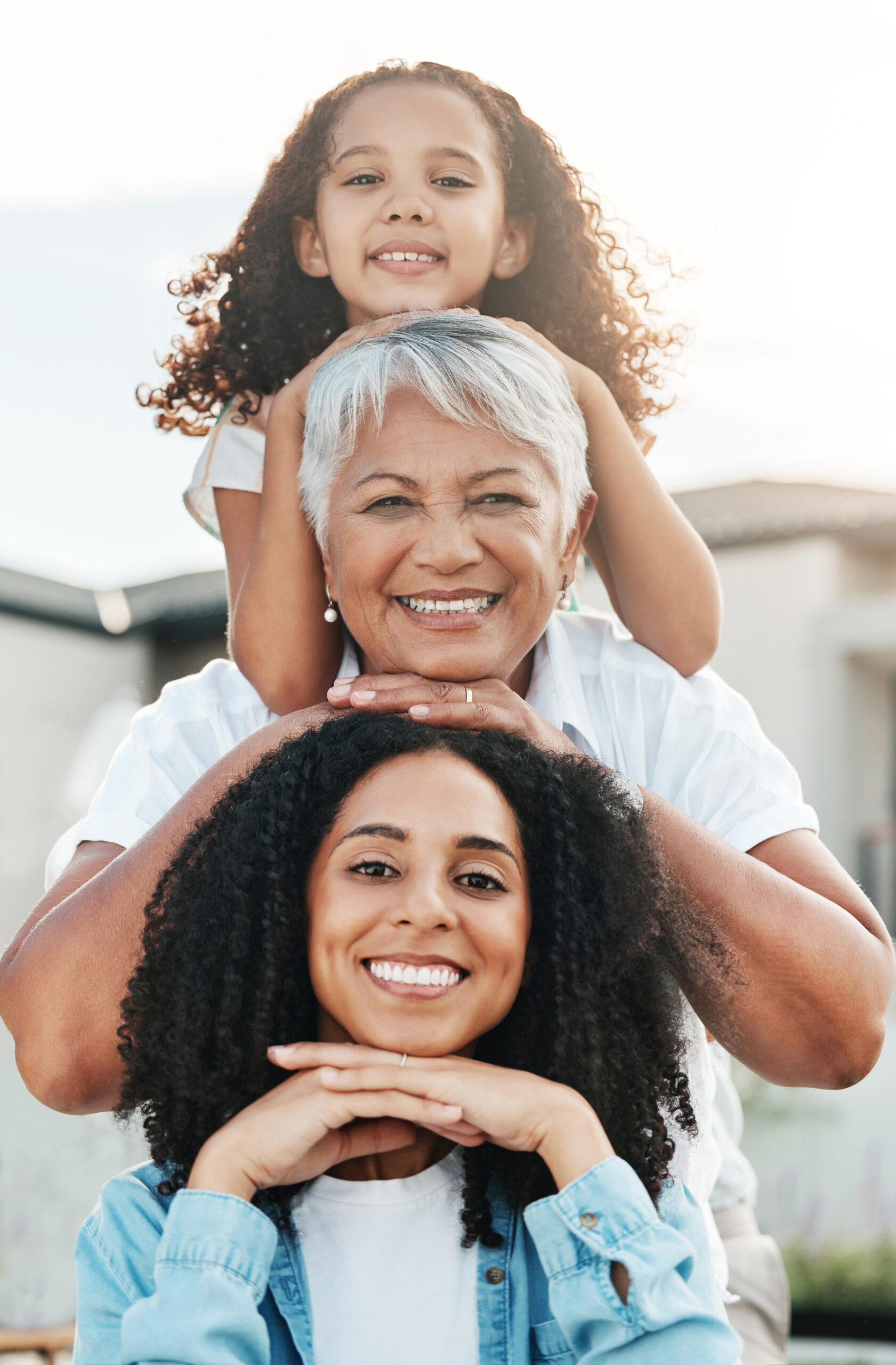 portrait of happy family child, mother and grandmother bonding, smile and enjoy quality summer time together. love, outdoor sunshine and generation face of people on vacation in rio de janeiro brazil